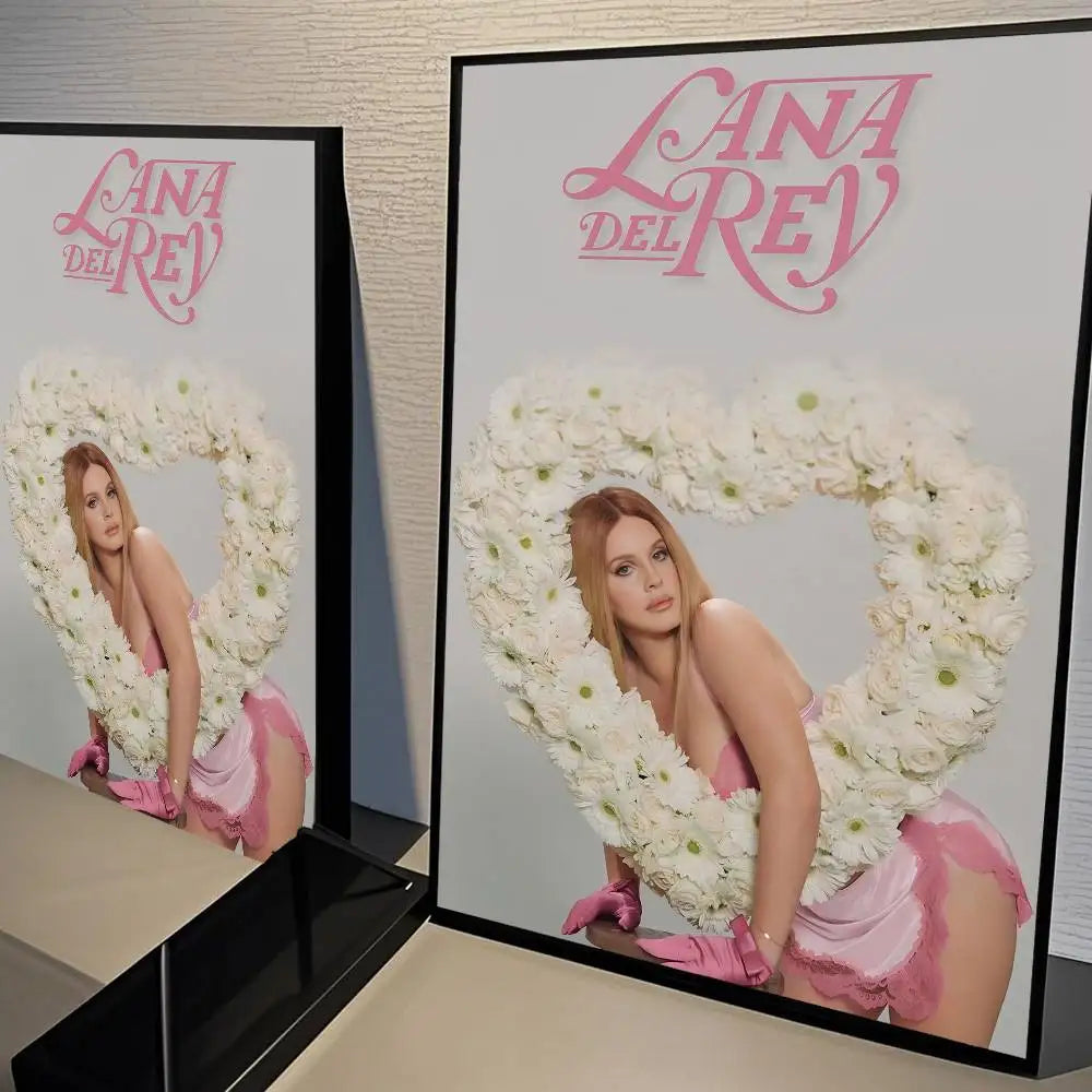 Pink framed black and pink lana del rey classic movie poster with heart-shaped white flowers and size reference for wall decor