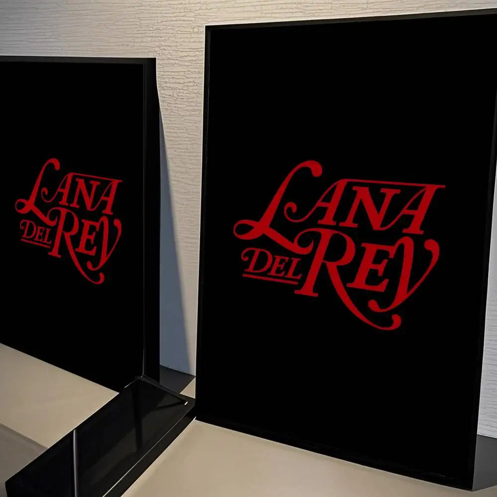 Black framed art prints with red cursive lana del rey logo size reference for classic movie posters wall decor