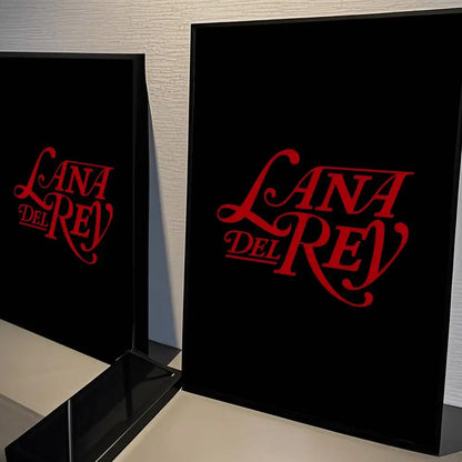 Black framed art prints with red cursive lana del rey logo size reference for classic movie posters wall decor