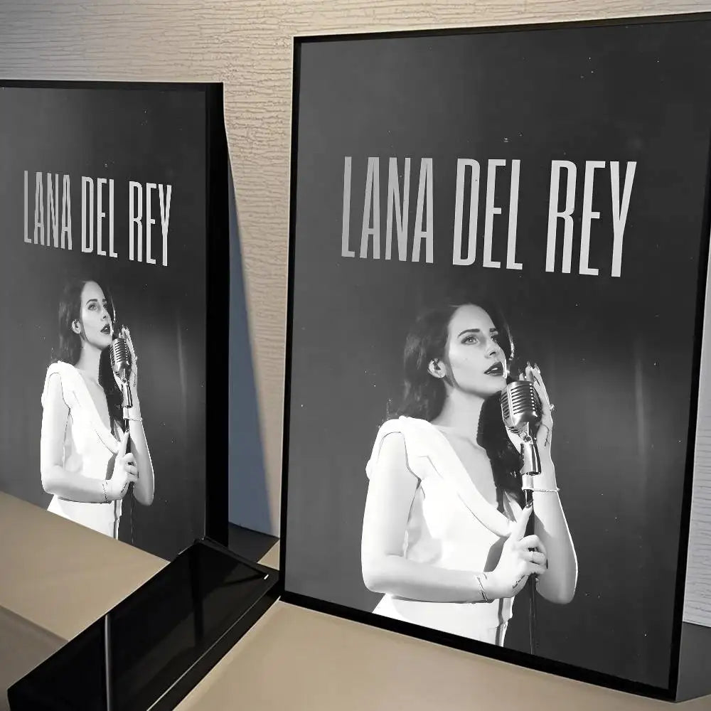 Black-framed black and white lana del rey poster with vintage microphone and bold white name text size reference included