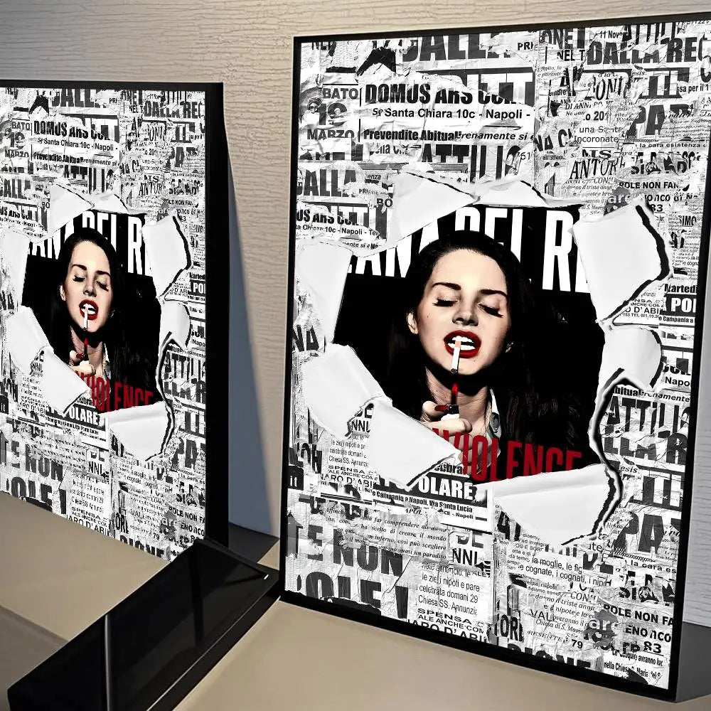 Black-framed black and pink lana del rey classic movie poster with bold lips and newspaper collage background size reference included