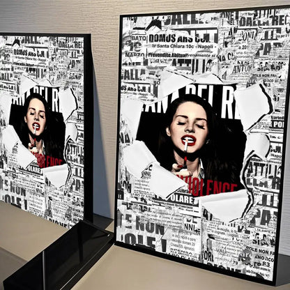 Black-framed black and pink lana del rey classic movie poster with bold lips and newspaper collage background size reference included