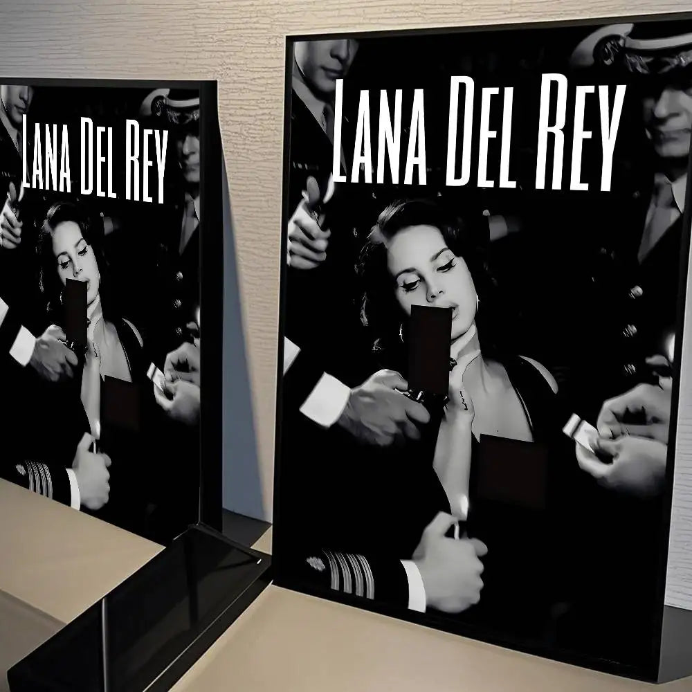 Black and white lana del rey framed poster with bold white text size reference for nordic home decor wall art