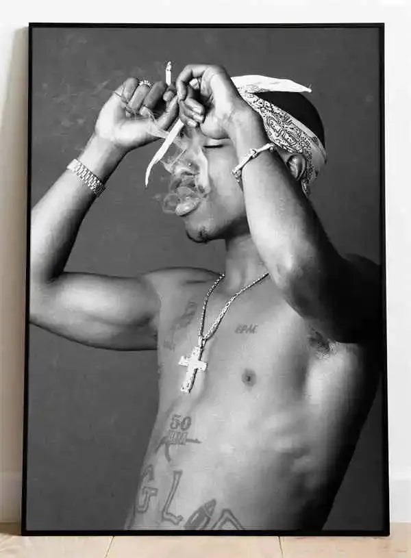 Black and white framed canvas painting of tupac shakur wearing bandana and jewelry ideal for room decor ships in business days