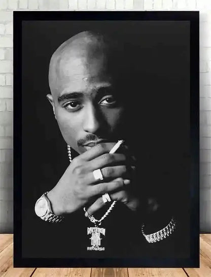 Black framed black and white 2pac portrait print with gold chain death row records pendant ideal for room decor ship in business days