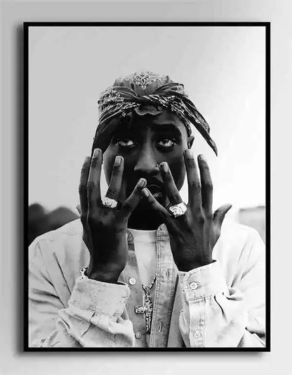 Black and white canvas painting of tupac shakur wearing patterned bandana and rings for room decor ships in business days