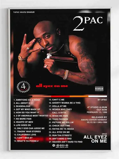 Black and white framed poster of 2pac all eyez on me album cover design ideal for room decor ships in business days