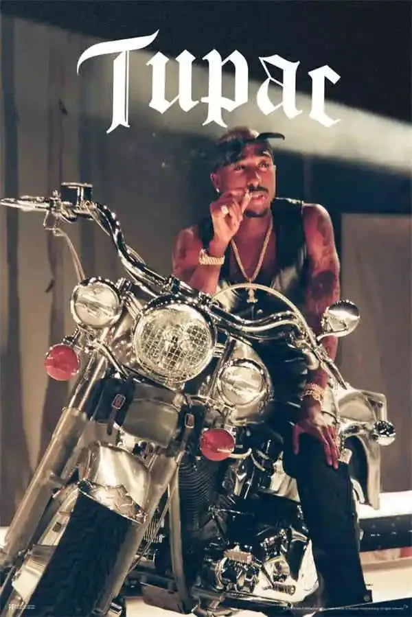 Black and white pop hip hop rapper 2pac canvas painting with chrome motorcycle and red turn signals ships in business days