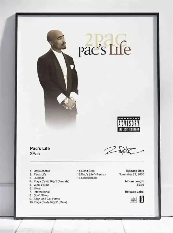 Black and white pop hip hop canvas painting featuring sepia 2pac poster with album tracklist ships in business days