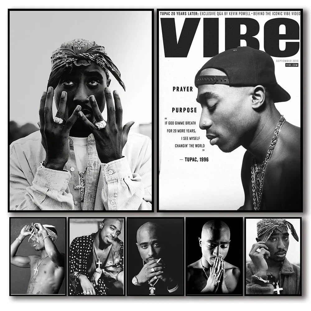Black and white canvas painting featuring tupac shakur portraits and vibe magazine cover for hip hop room decor ship in business days