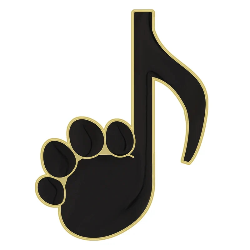 Black and gold enamel pin shaped like a musical note with a paw print for black cat music animal cute piano brooch badge