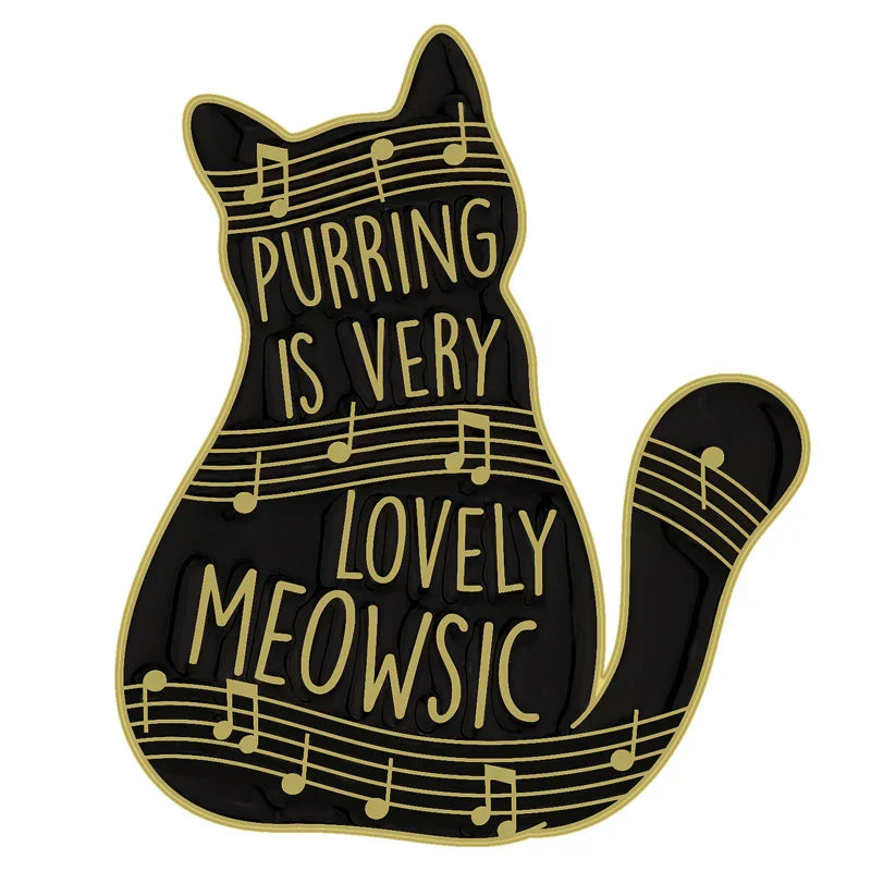 Black cat music enamel pin with gold lettering and musical notes designed as a piano brooch badge accessory