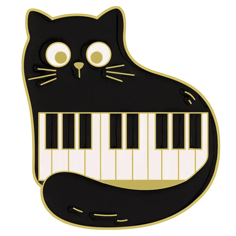 Black cat music enamel pin with gold trim featuring a piano keyboard design animal cute musical piano brooch badge
