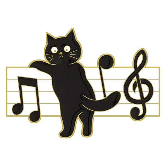 Black cat music enamel pin shaped like an animal cute musical figure with gold trim on a musical staff piano brooch badge