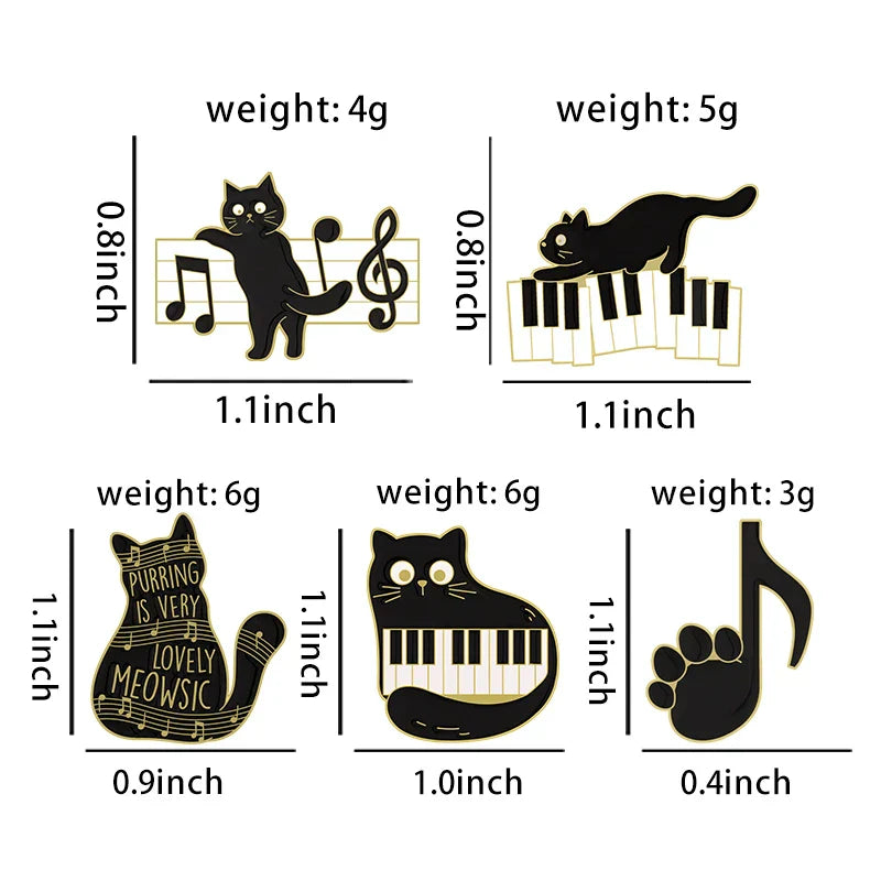 Set of five black cat music enamel pins with gold outlines featuring animal cute musical piano brooch badge designs