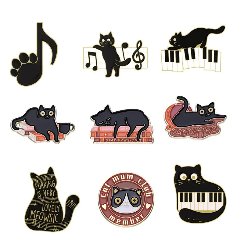 Set of nine black cat music enamel pins featuring animal cute musical designs with piano brooch badge and coffee cups
