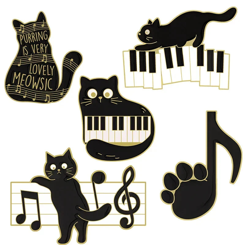Black cat music enamel pins with gold outlines featuring animal cute musical piano brooch badge designs
