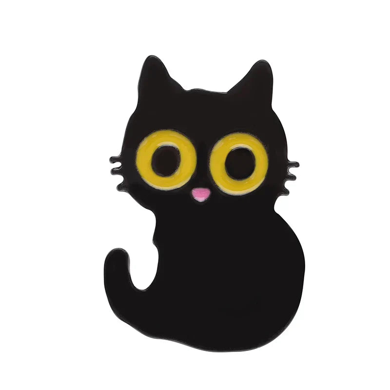 Black cat music enamel pin with bright yellow eyes and pink nose animal cute musical piano brooch badge accessory