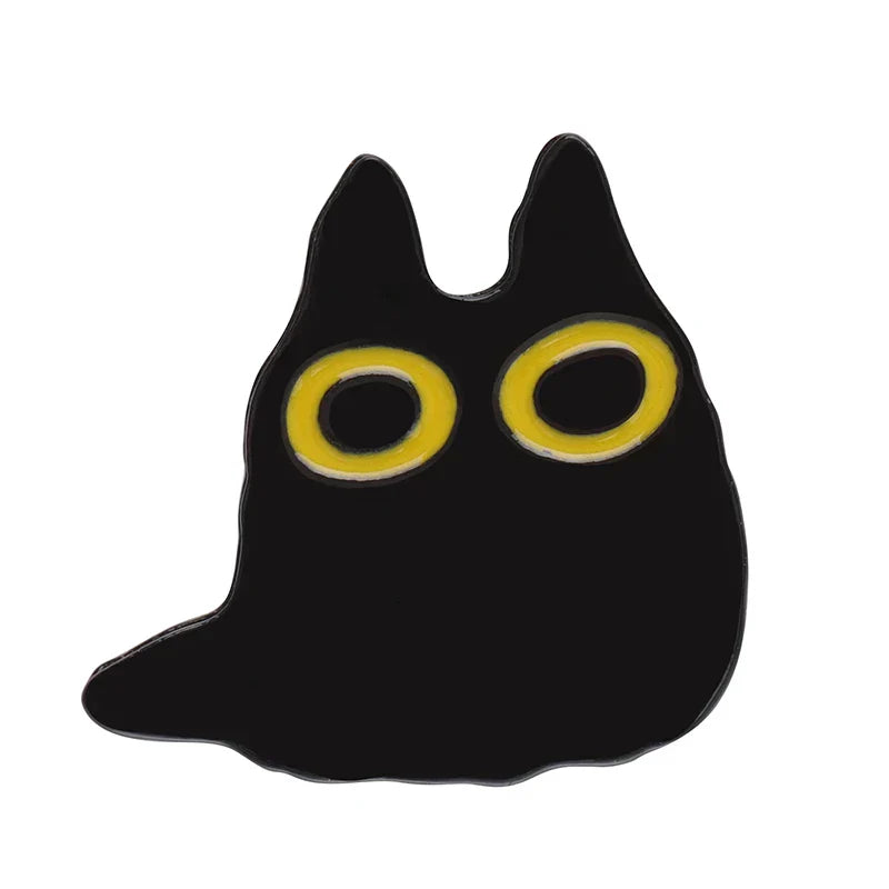 Black enamel pin shaped like a cute ghostly cat with yellow eyes perfect as a black cat music piano brooch badge accessory