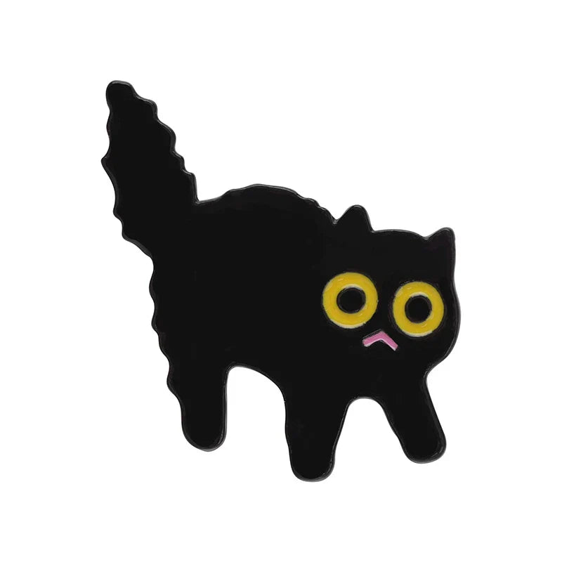 Black enamel pin featuring a cartoon cat with bright yellow eyes and pink nose black cat music piano brooch badge