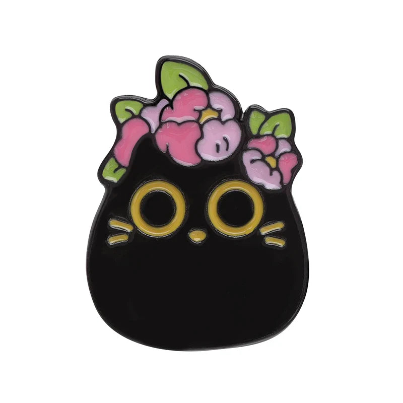 Black cat music black enamel pin featuring a cute cat face with flowers gold-rimmed eyes piano brooch badge