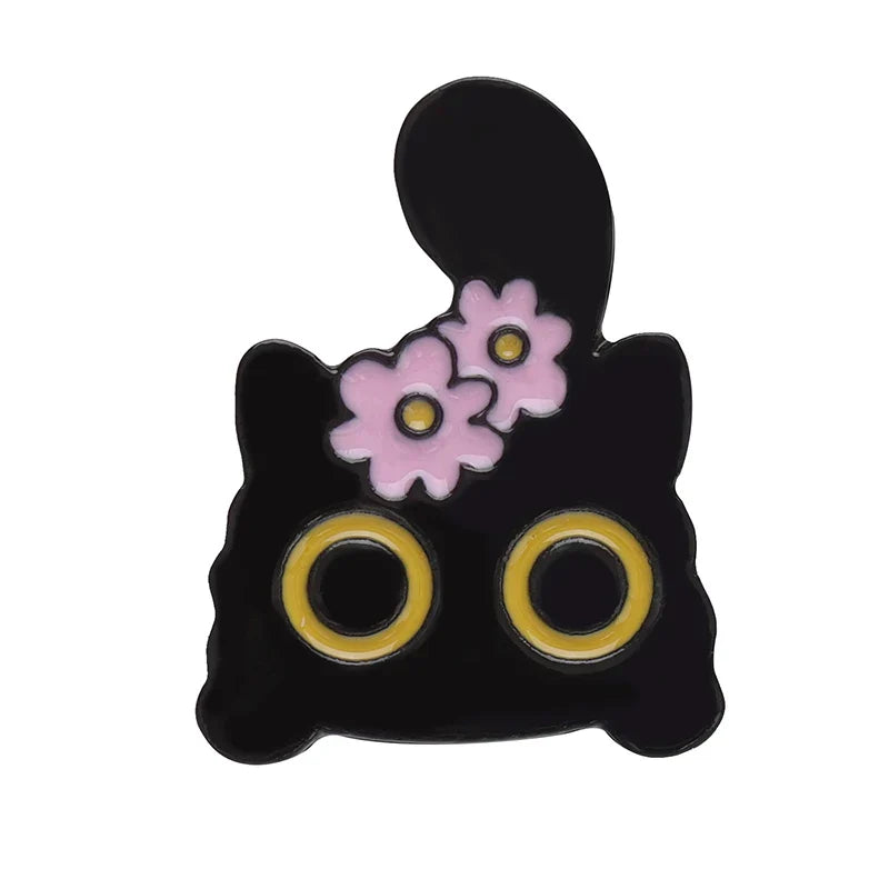 Black cat music enamel pin with pink flowers and yellow-rimmed eyes animal cute musical piano brooch badge