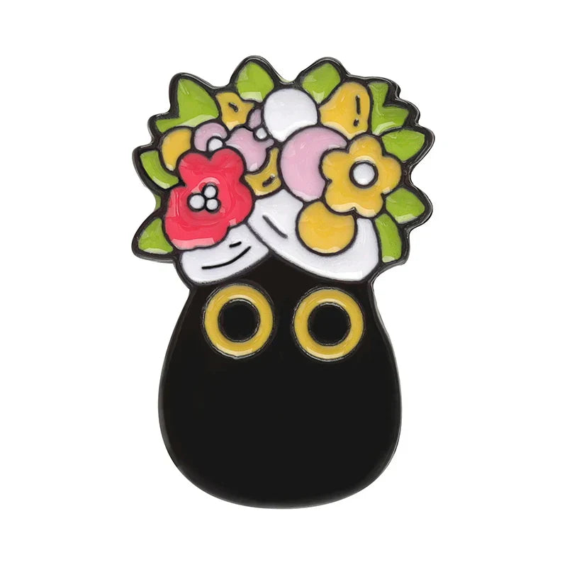 Black enamel pin featuring a stylized vase with colorful flowers for black cat music animal cute musical piano brooch badge