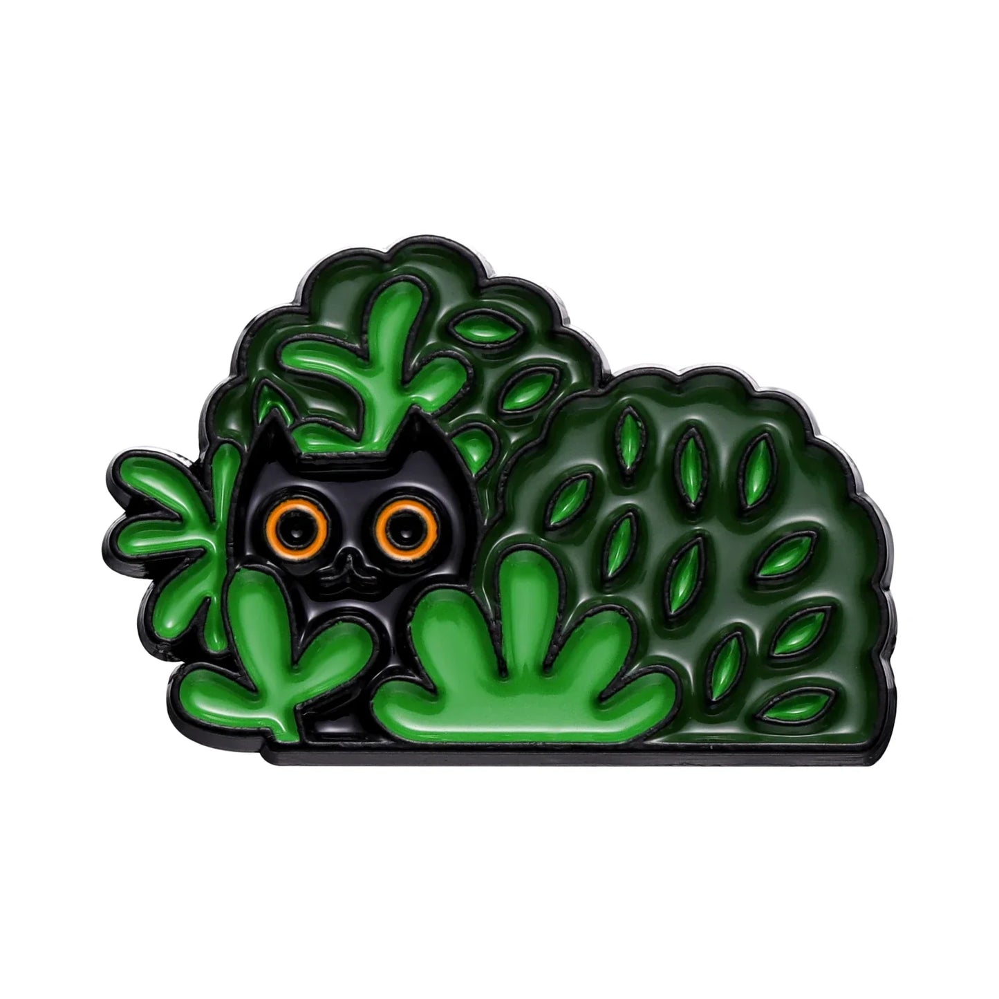 A glossy black owl enamel pin with bright orange eyes behind green foliage in black cat music animal cute musical style