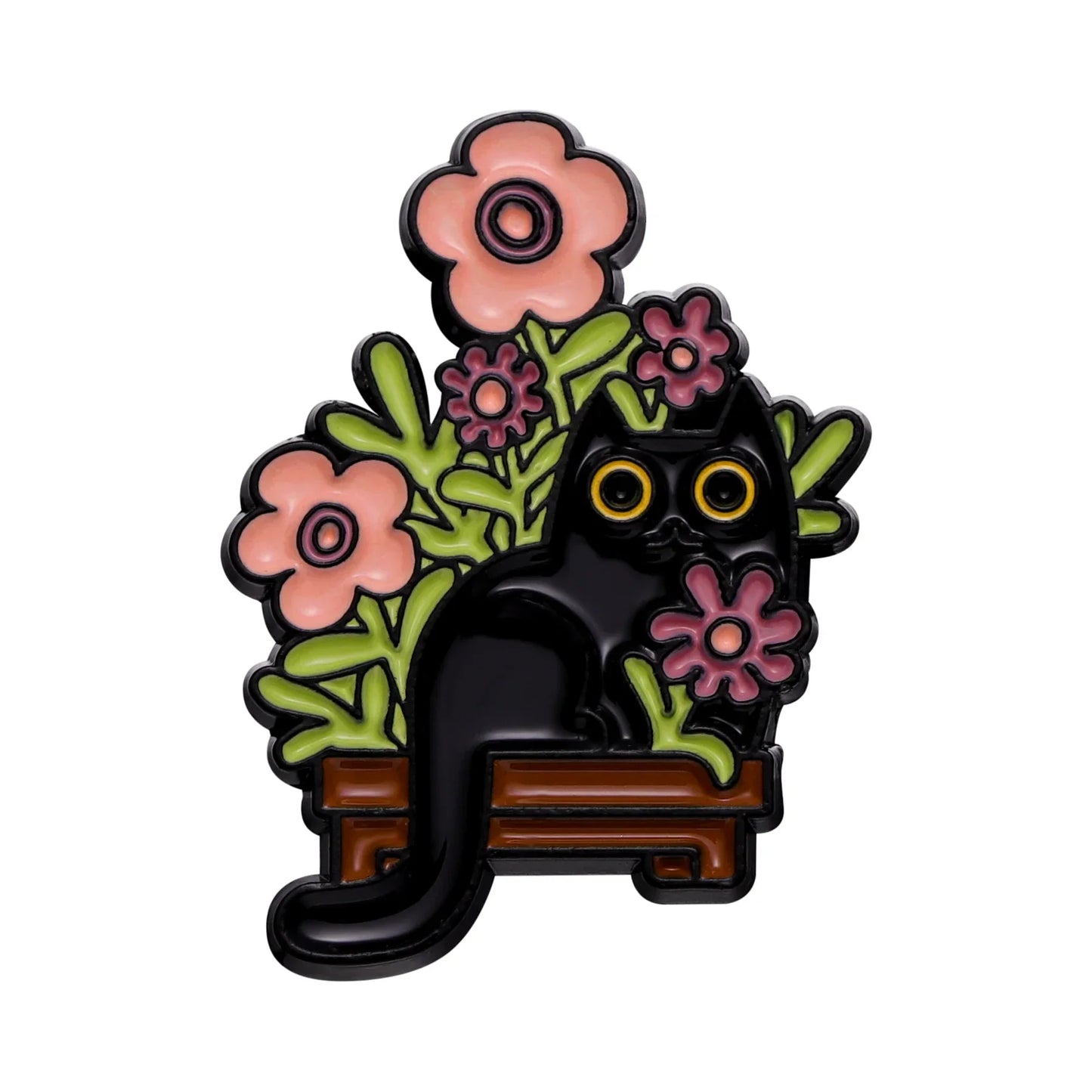 A glossy black cat music enamel pin with a cute cat in a wooden planter surrounded by pink and purple flowers