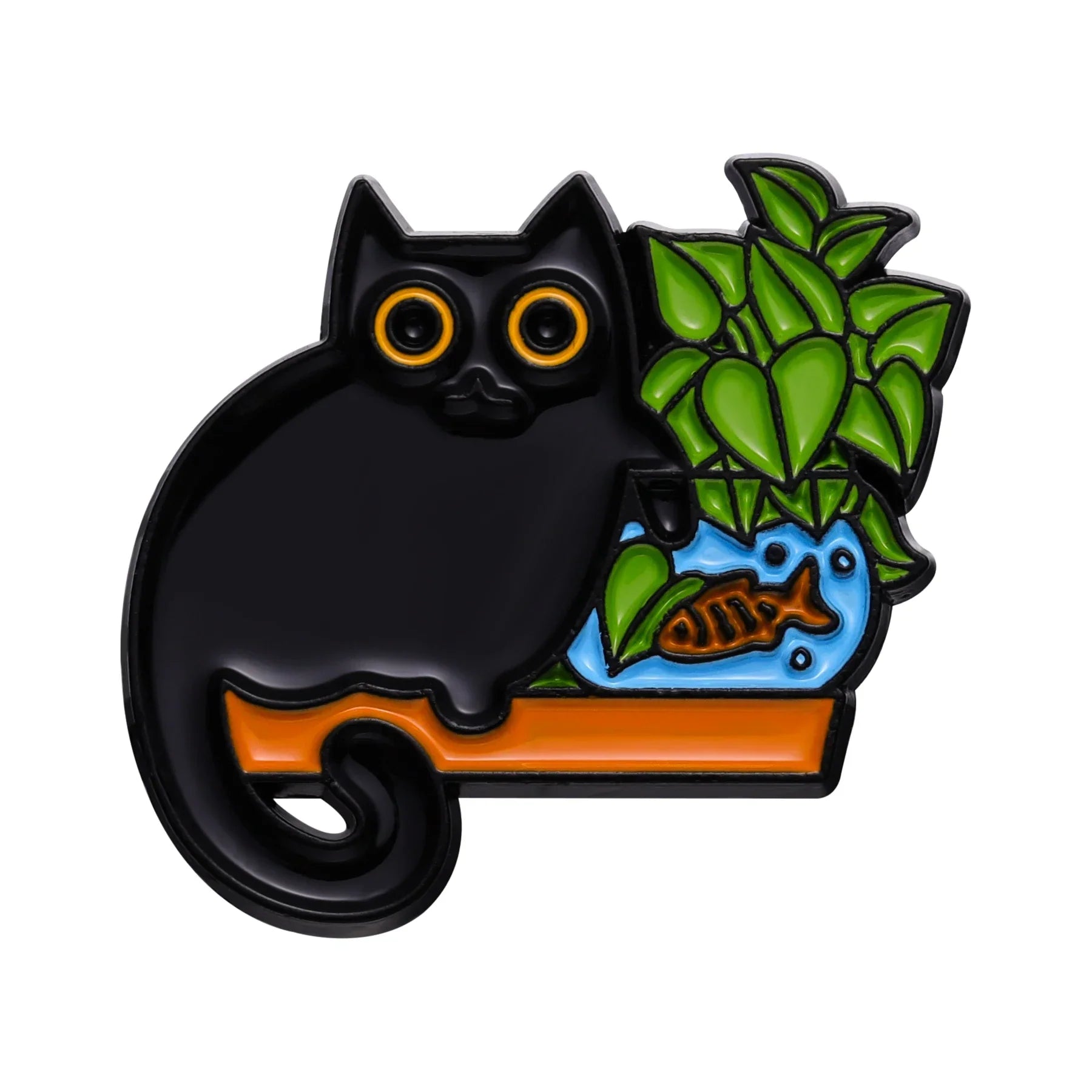 Black enamel black cat music pin featuring a cartoon cat with orange eyes beside a potted plant and fishbowl
