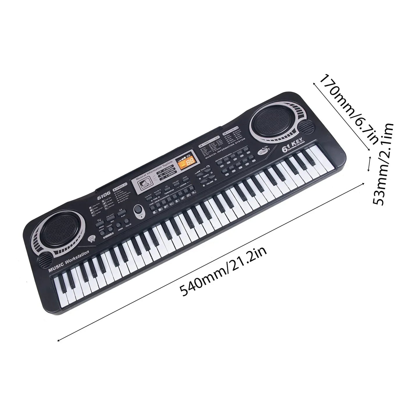 Black electronic keyboard 61 keys with white and black keys electric piano kids musical instrument with speakers and display