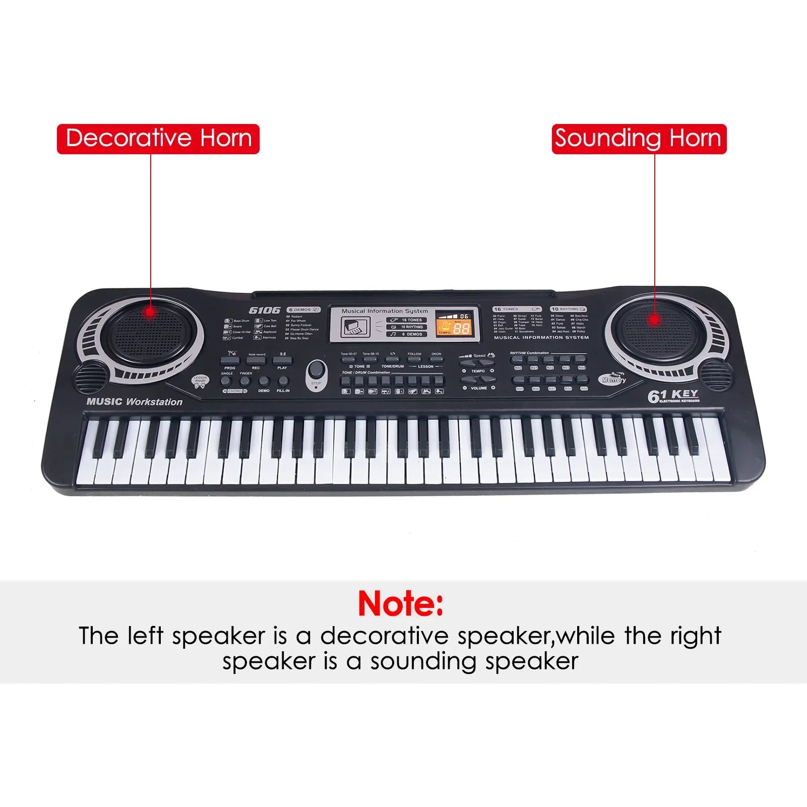 Black plastic 61-key electronic keyboard electric piano kids musical instrument with two circular decorative sounding horns