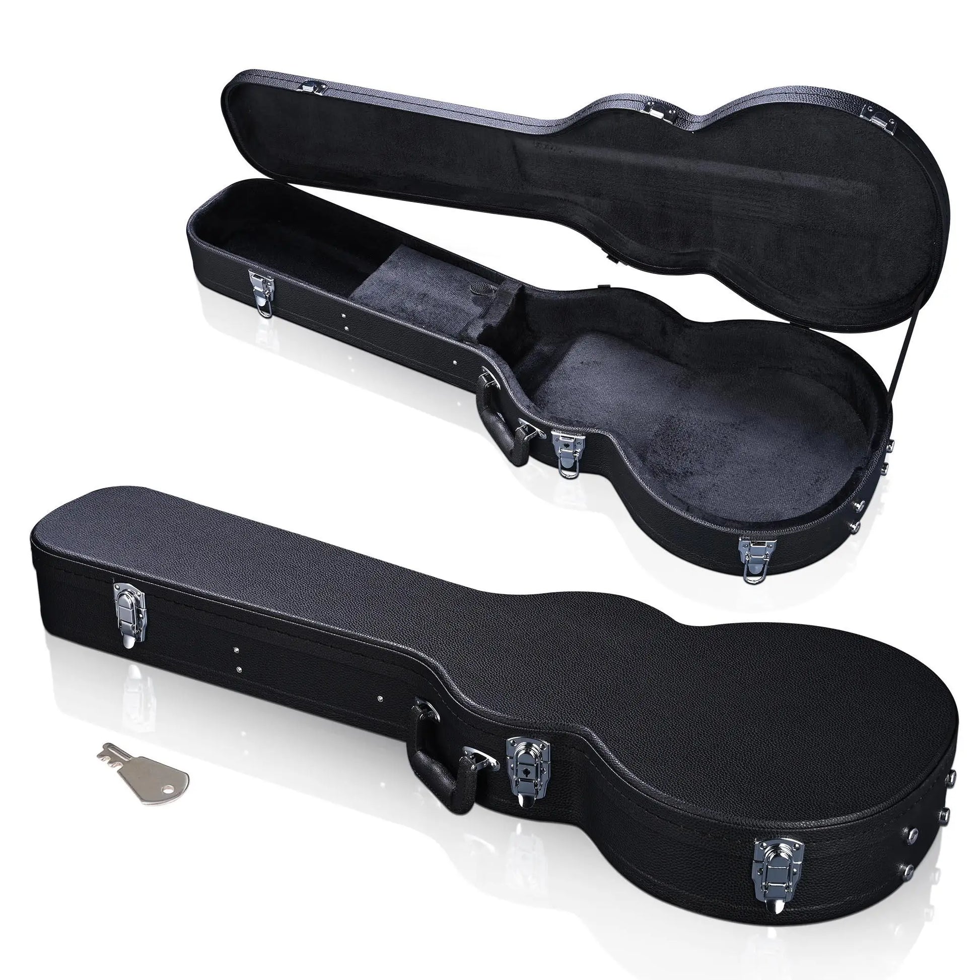 Black fine wooden electric guitar case with durable design quality hard case and silver latches for secure fit