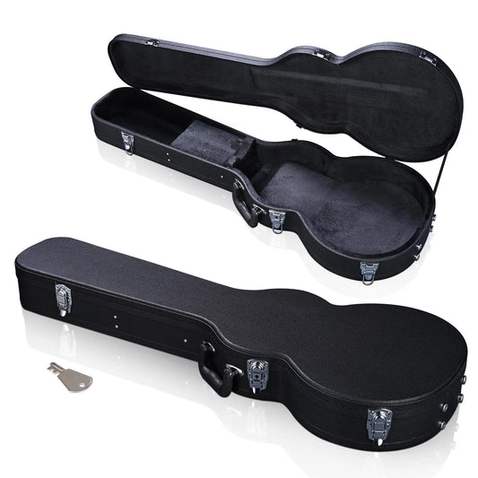 Black fine wooden electric guitar case with durable design quality hard case and silver latches for secure fit