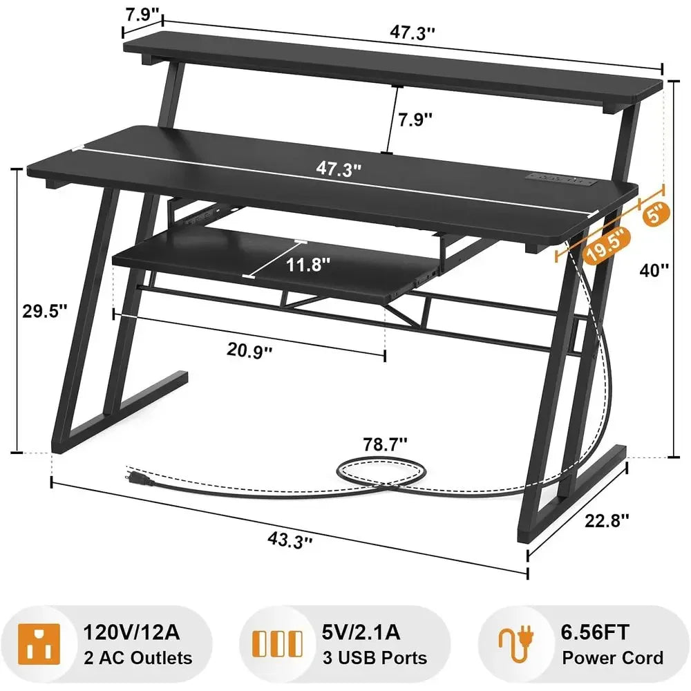 Black metal music production desk with dual shelves angled legs and power outlet for type beat music use