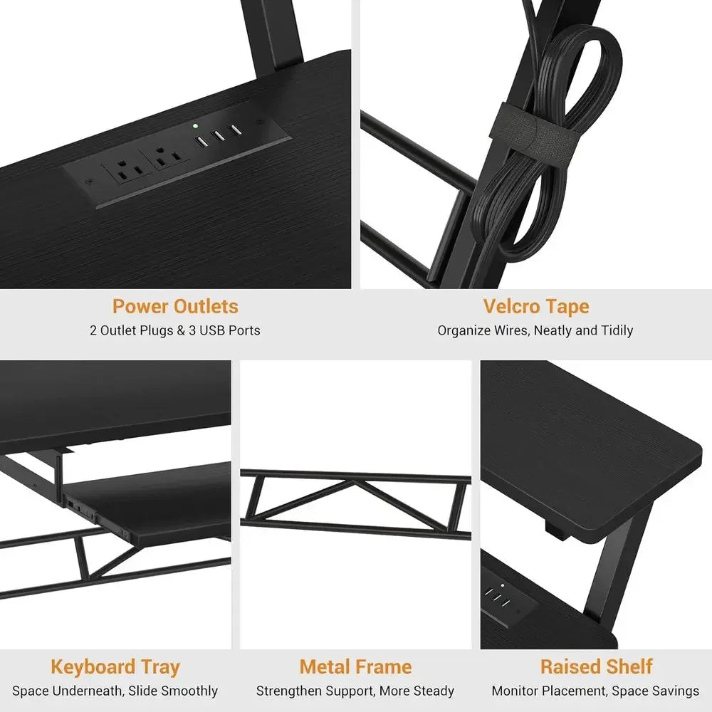 Black metal-framed adjustable height music production desk with power outlet usb ports keyboard tray and wire management