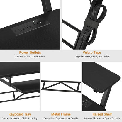 Black metal-framed adjustable height music production desk with power outlet usb ports keyboard tray and wire management