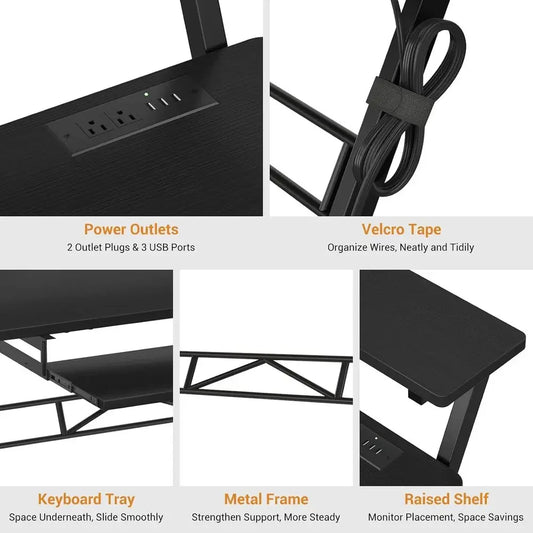 Black metal-framed adjustable height music production desk with power outlet usb ports keyboard tray and wire management