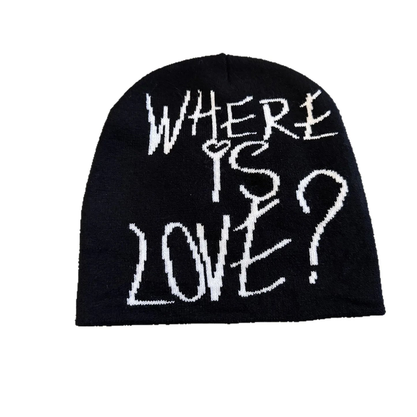 Black knit hat with white embroidered where is love text warm beanies women skiing beanie outdoor skullcap
