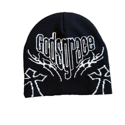 Black knit hat with white gods grace logo and stylized cross design warm beanies women skiing beanie outdoor use