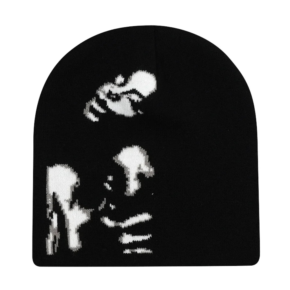 Black knit hat featuring a white pixelated skull graphic warm beanies women suitable for skiing beanie outdoor use