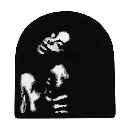 Black knit hat featuring a white pixelated skull graphic warm beanies women suitable for skiing beanie outdoor use