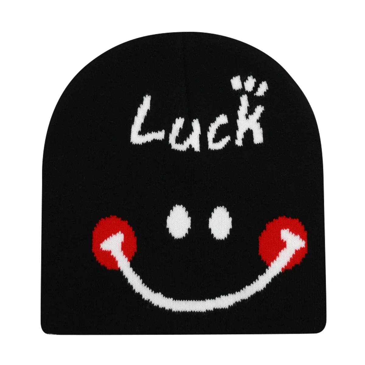 Black knit hat with white luck text and smiling face design warm beanies women skiing beanie outdoor windproof