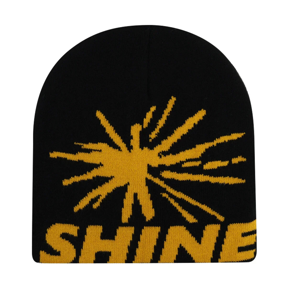 Black knit hat featuring a bold yellow sunburst and shine lettering, warm beanies women for skiing beanie outdoor use