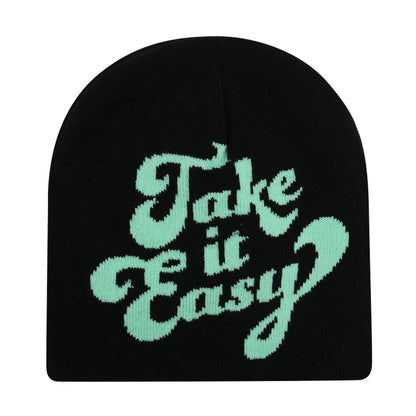 Black knit hat with take it easy mint green embroidery warm beanies women skiing beanie outdoor windproof unisex