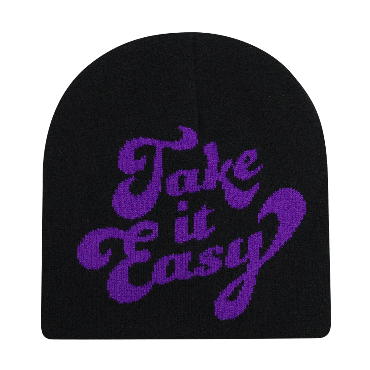 Black knit hat with purple take it easy text warm beanies women skiing beanie outdoor skullcap for winter and autumn