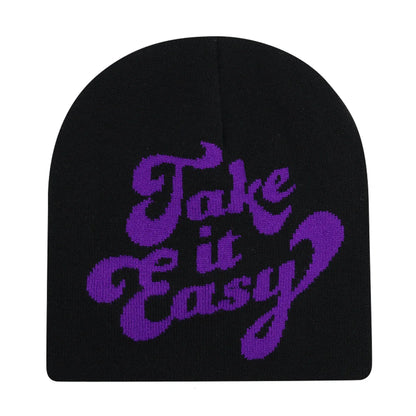 Black knit hat with purple take it easy text warm beanies women skiing beanie outdoor skullcap for winter and autumn