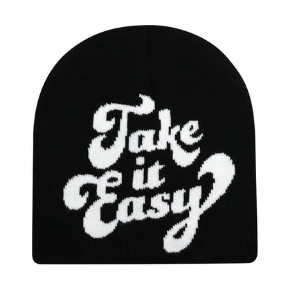 Black knit hat with white take it easy text in fluffy cursive font warm beanies women skiing beanie outdoor use