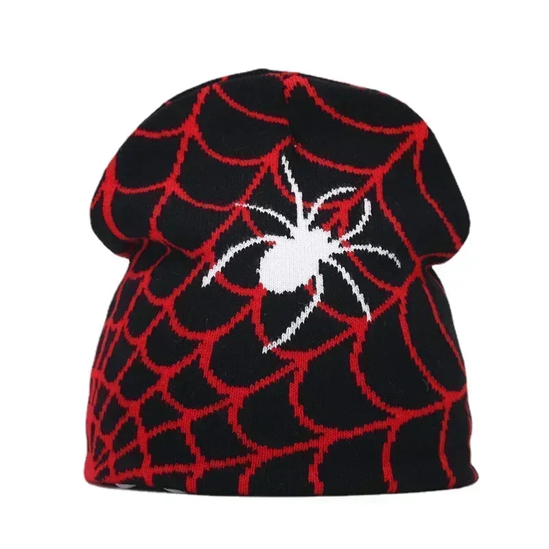 Black knit hat with red spiderweb pattern and white embroidered spider warm beanies women skiing beanie outdoor
