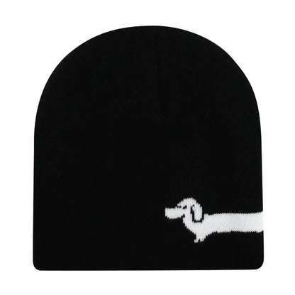 Black knit hat with white pixelated dachshund design, warm beanies women for skiing beanie outdoor use